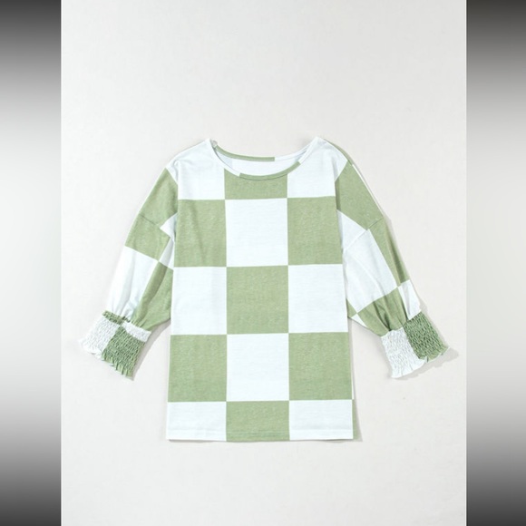 Kacie- green mix checkered print shirred cuffs blouse - Picture 2 of 5